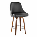 Studded Marcel 26" Fixed-Height Counter Stool - Set of 2 - Walnut Wood, Black PU, Chrome Metal