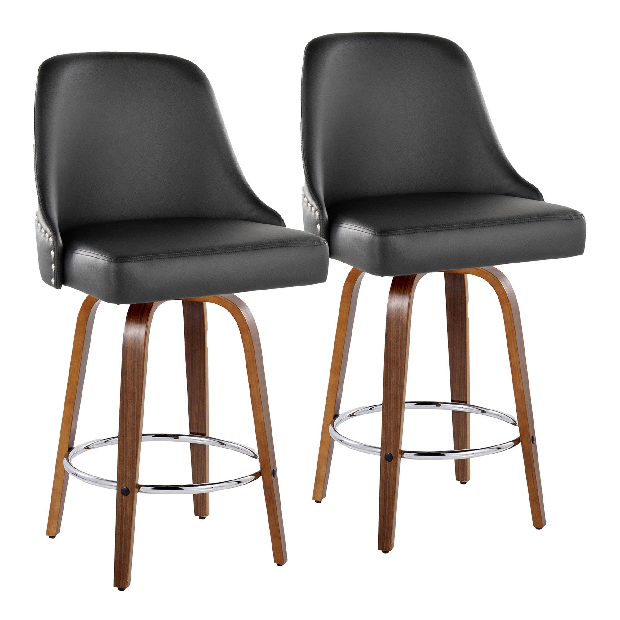 Studded Marcel 26" Fixed-Height Counter Stool - Set of 2 - Walnut Wood, Black PU, Chrome Metal