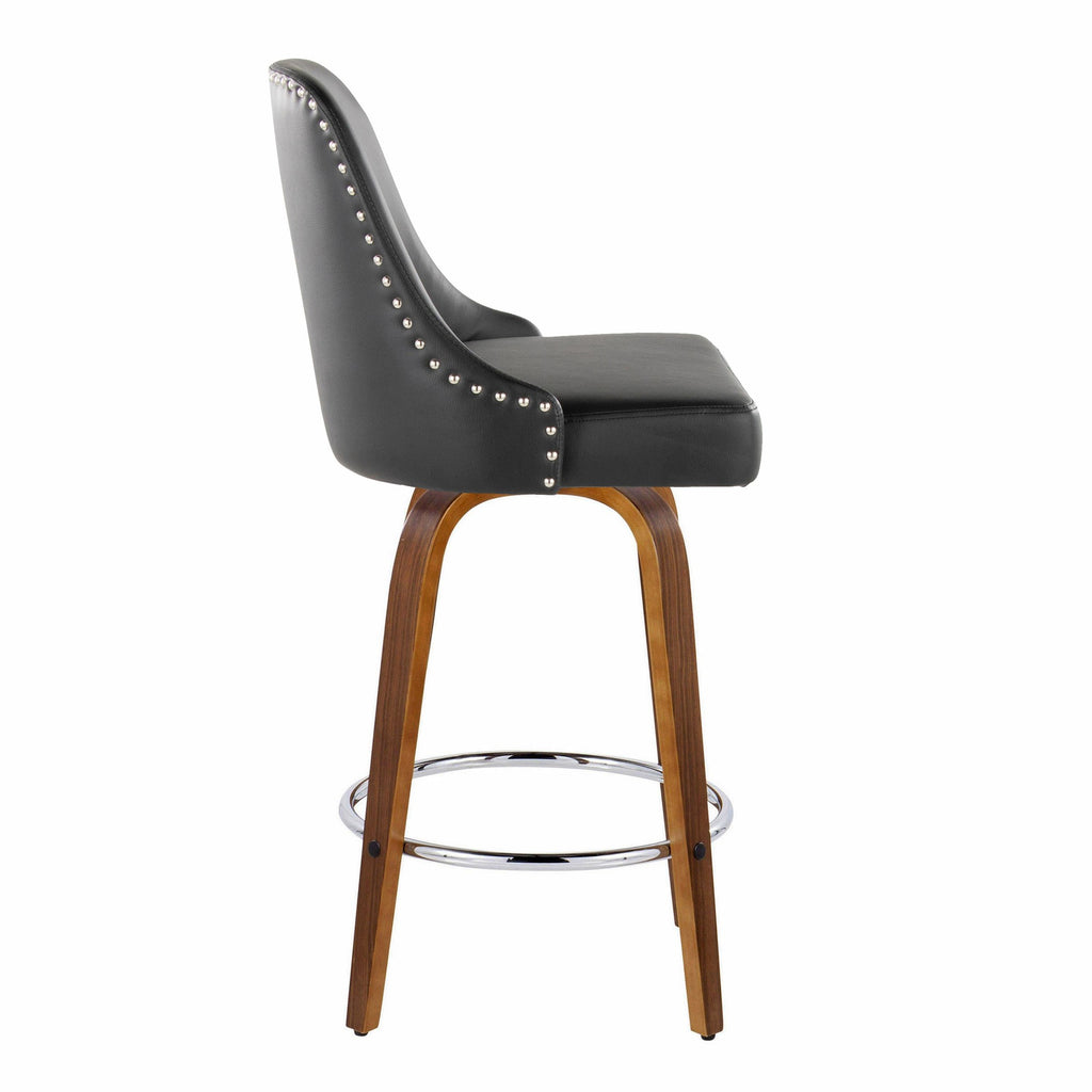 Studded Marcel 26" Fixed-Height Counter Stool - Set of 2 - Walnut Wood, Black PU, Chrome Metal
