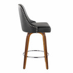 Studded Marcel 26" Fixed-Height Counter Stool - Set of 2 - Walnut Wood, Black PU, Chrome Metal