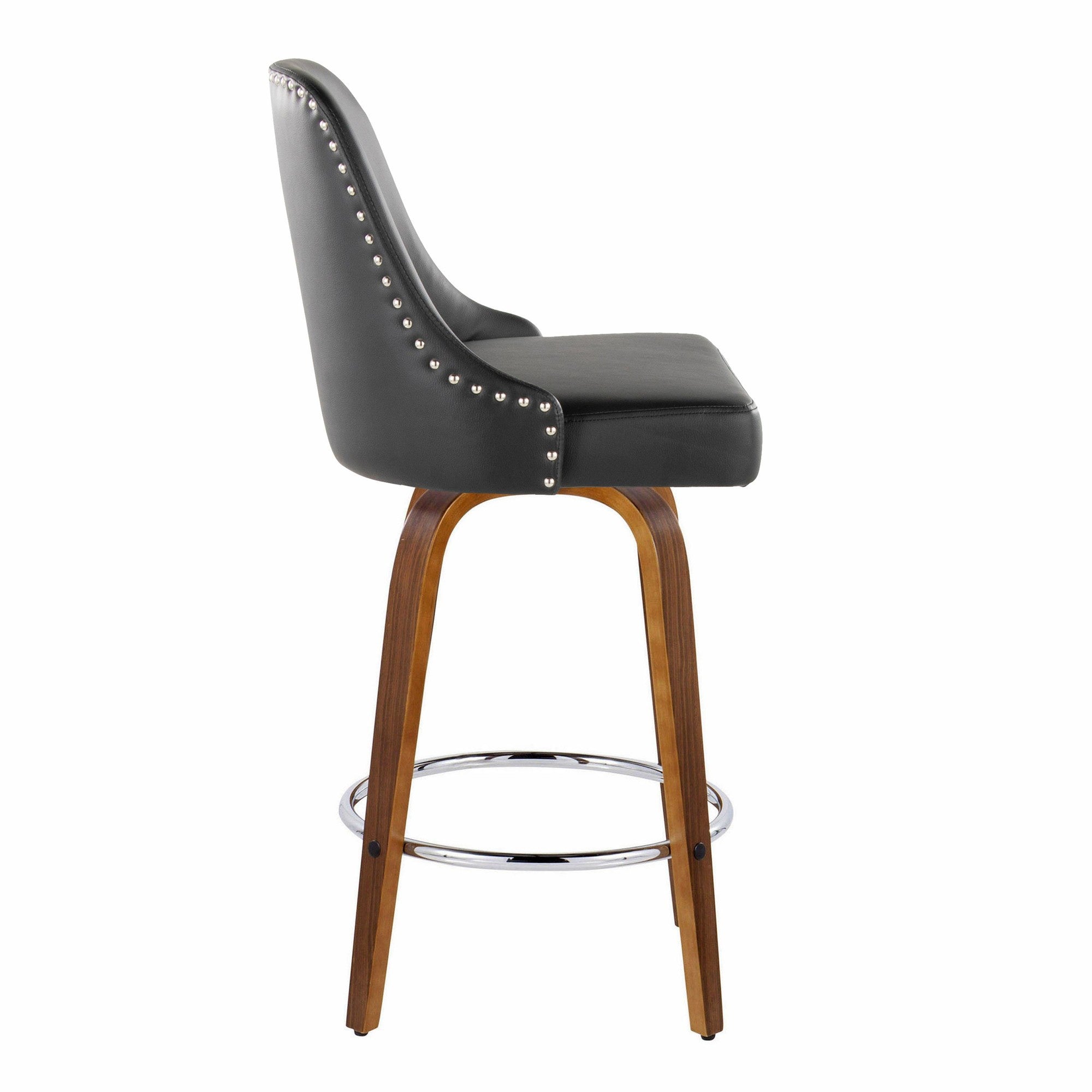 Studded Marcel 26" Fixed-Height Counter Stool - Set of 2 - Walnut Wood, Black PU, Chrome Metal