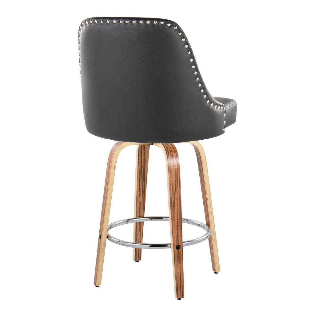 Studded Marcel 26" Fixed-Height Counter Stool - Set of 2 - Zebra Wood, Black PU, Chrome Metal