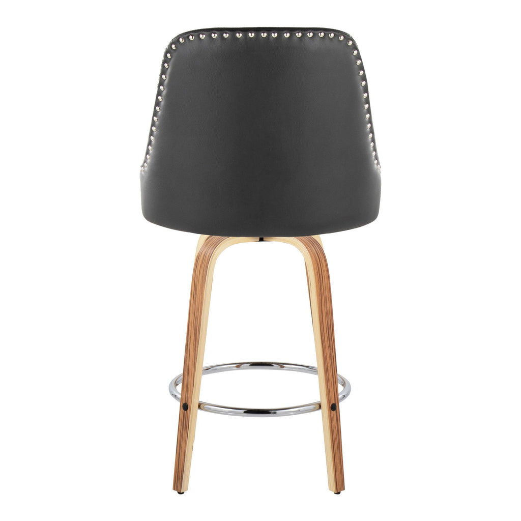 Studded Marcel 26" Fixed-Height Counter Stool - Set of 2 - Zebra Wood, Black PU, Chrome Metal