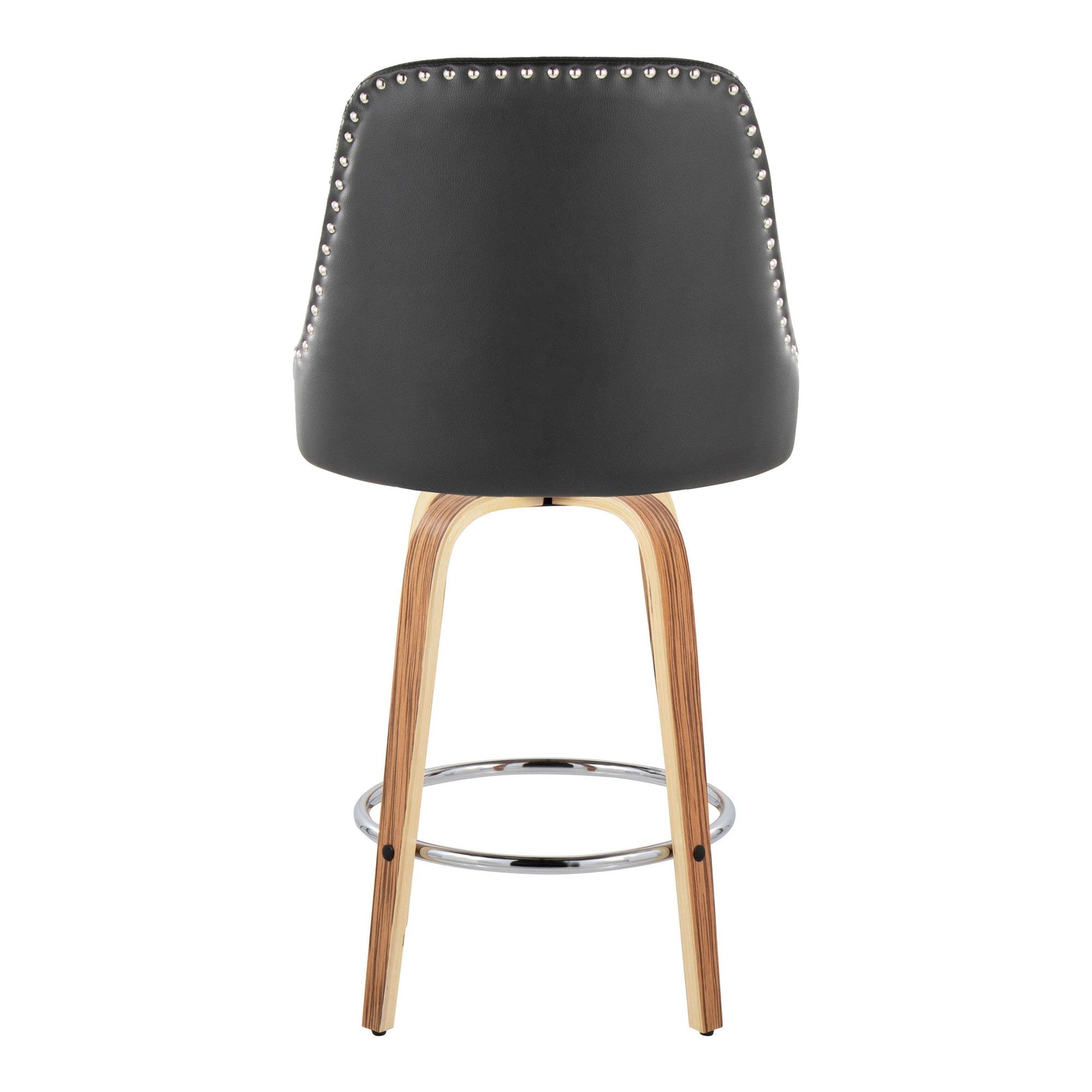 Studded Marcel 26" Fixed-Height Counter Stool - Set of 2 - Zebra Wood, Black PU, Chrome Metal