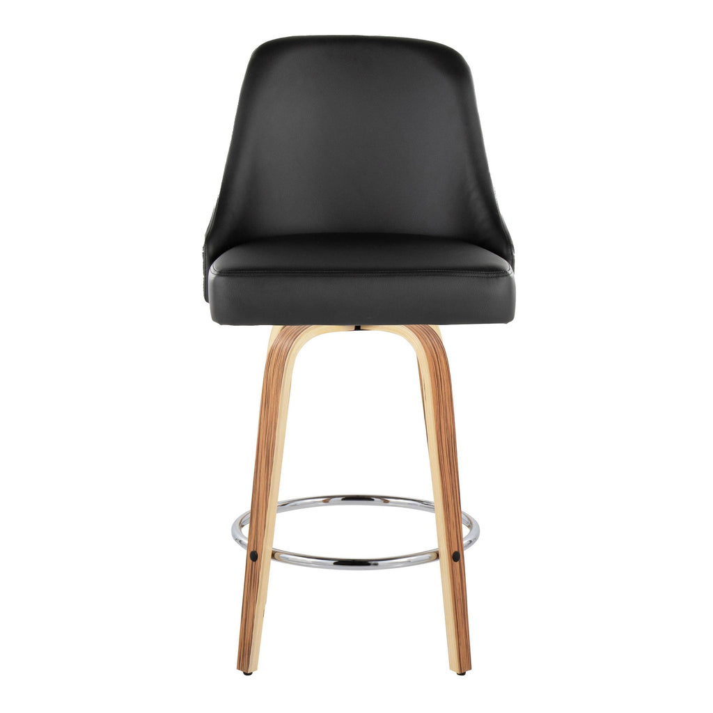 Studded Marcel 26" Fixed-Height Counter Stool - Set of 2 - Zebra Wood, Black PU, Chrome Metal