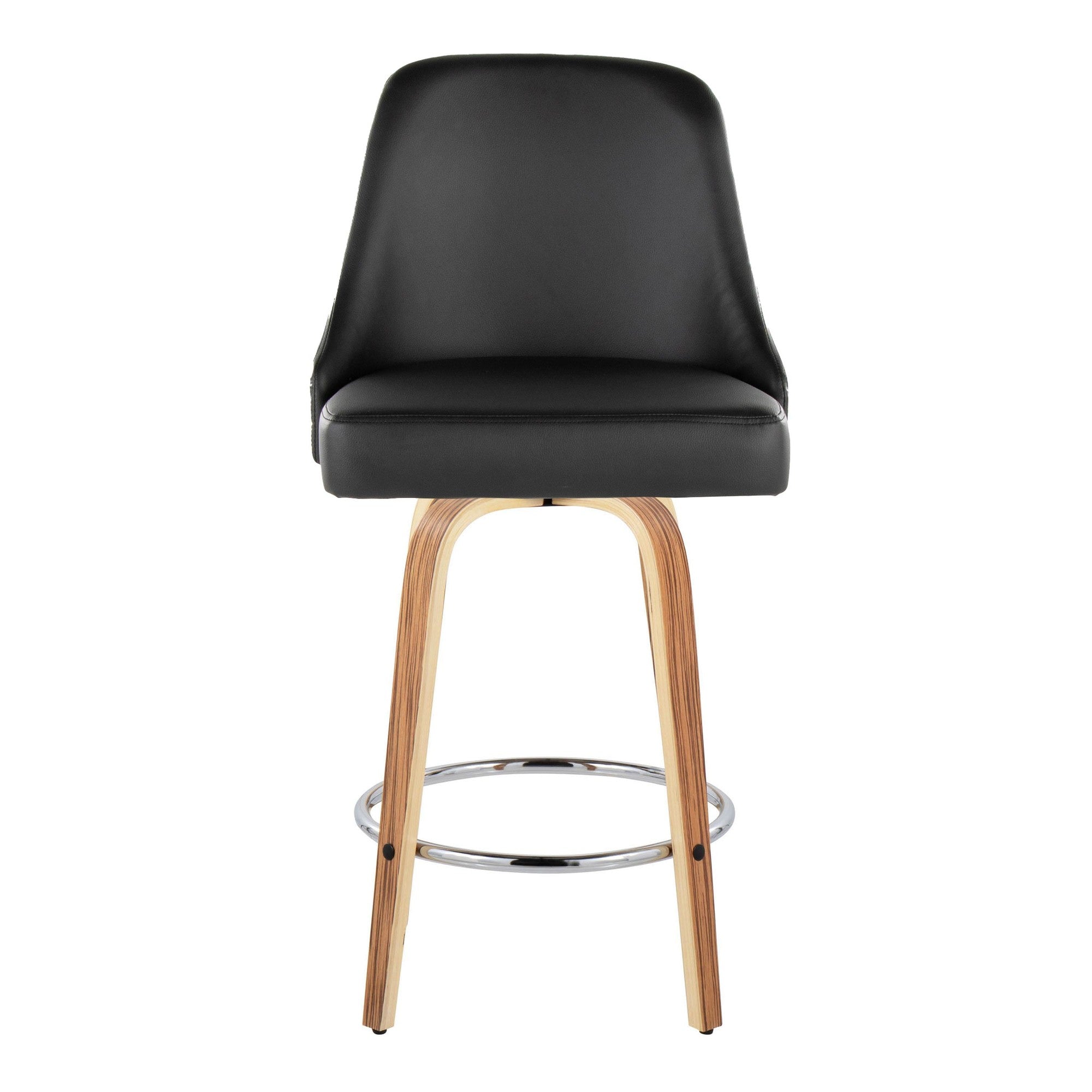Studded Marcel 26" Fixed-Height Counter Stool - Set of 2 - Zebra Wood, Black PU, Chrome Metal