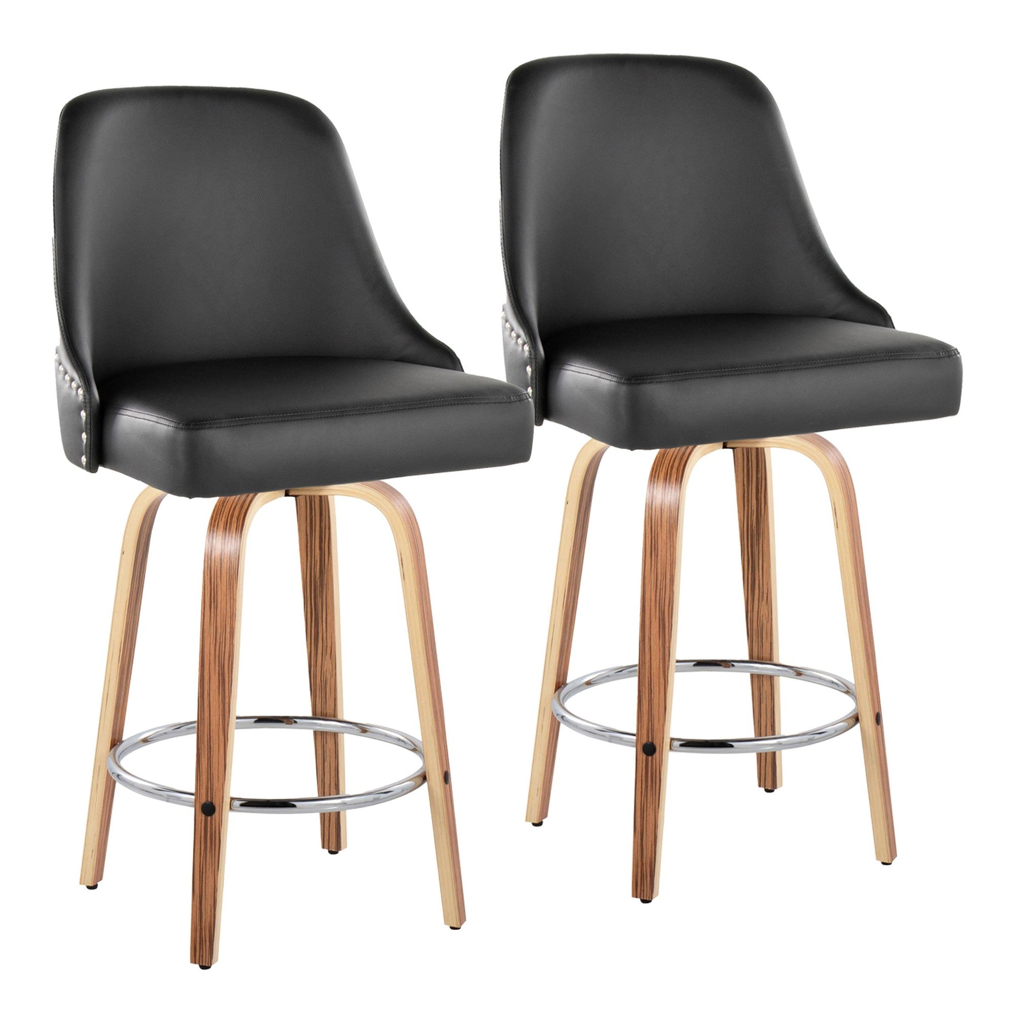 Studded Marcel 26" Fixed-Height Counter Stool - Set of 2 - Zebra Wood, Black PU, Chrome Metal