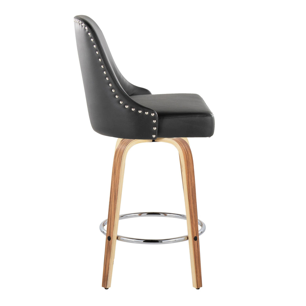 Studded Marcel 26" Fixed-Height Counter Stool - Set of 2 - Zebra Wood, Black PU, Chrome Metal