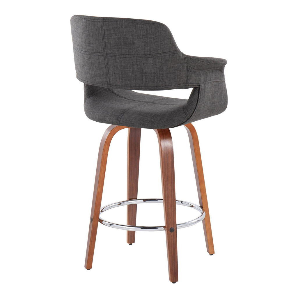 Vintage Flair 26" Fixed-Height Counter Stool - Set of 2 - Walnut Wood, Chrome Metal, Charcoal Fabric