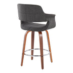 Vintage Flair 26" Fixed-Height Counter Stool - Set of 2 - Walnut Wood, Chrome Metal, Charcoal Fabric