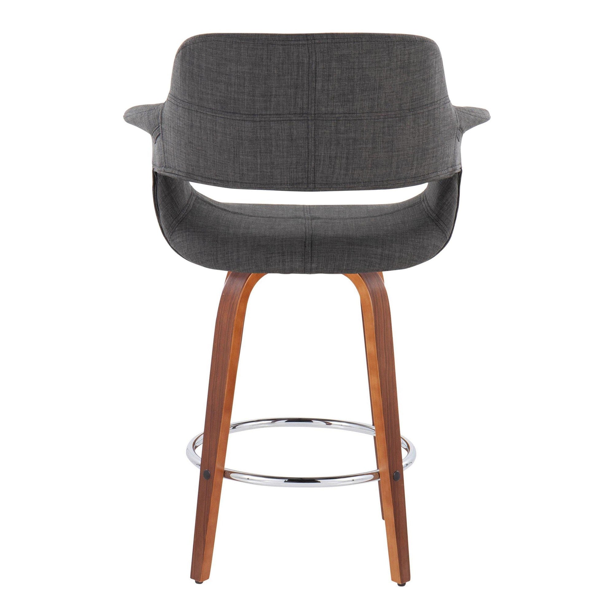 Vintage Flair 26" Fixed-Height Counter Stool - Set of 2 - Walnut Wood, Chrome Metal, Charcoal Fabric