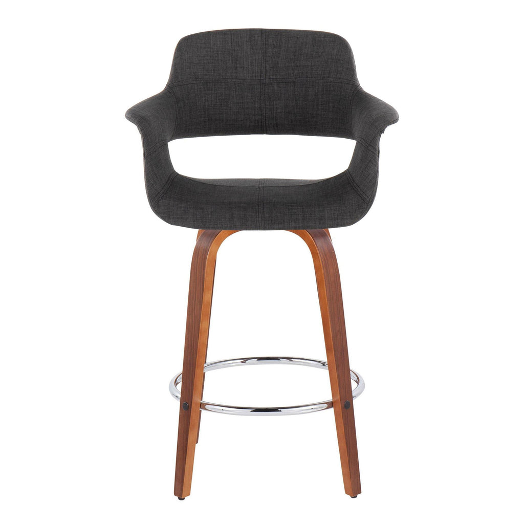Vintage Flair 26" Fixed-Height Counter Stool - Set of 2 - Walnut Wood, Chrome Metal, Charcoal Fabric