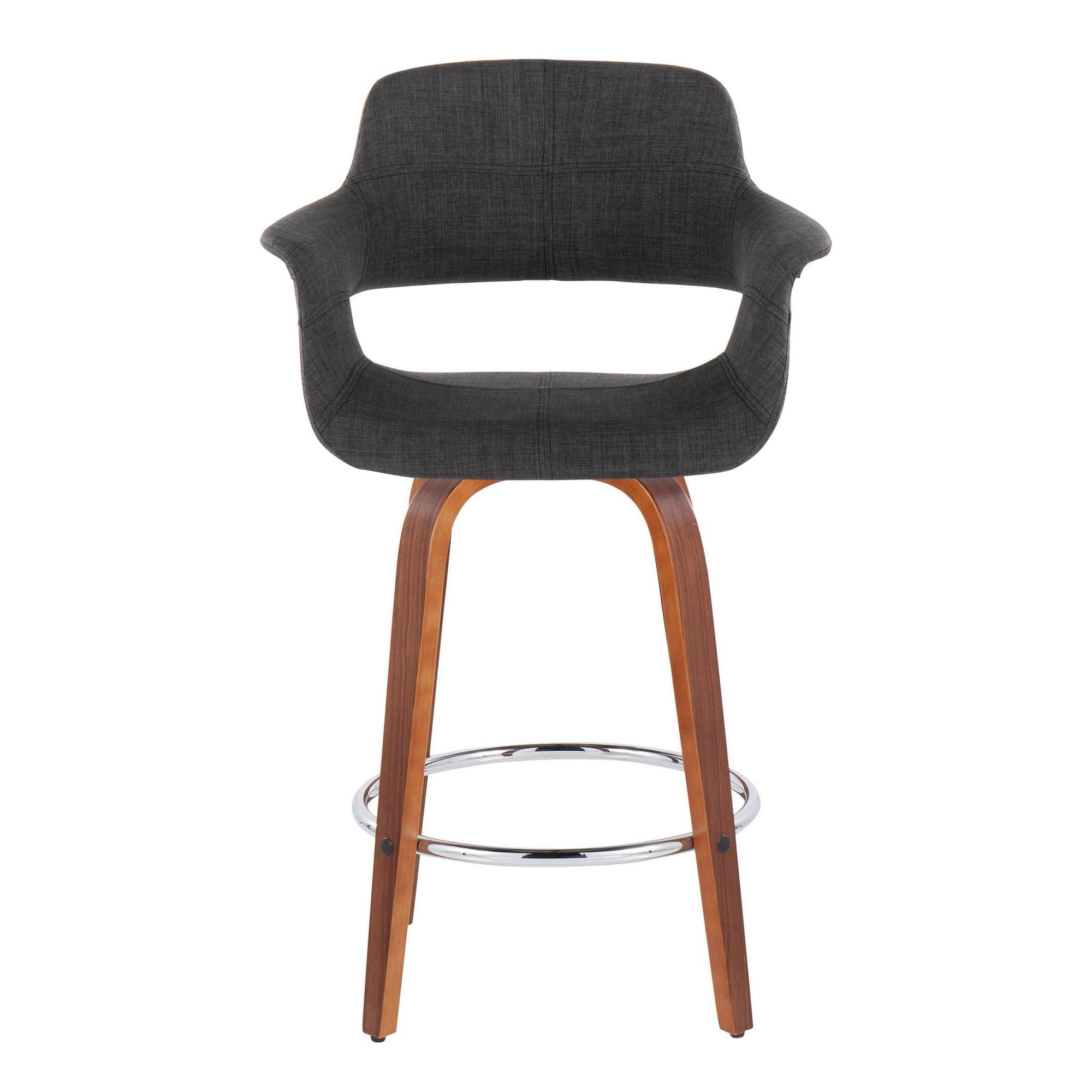 Vintage Flair 26" Fixed-Height Counter Stool - Set of 2 - Walnut Wood, Chrome Metal, Charcoal Fabric
