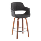 Vintage Flair 26" Fixed-Height Counter Stool - Set of 2 - Walnut Wood, Chrome Metal, Charcoal Fabric