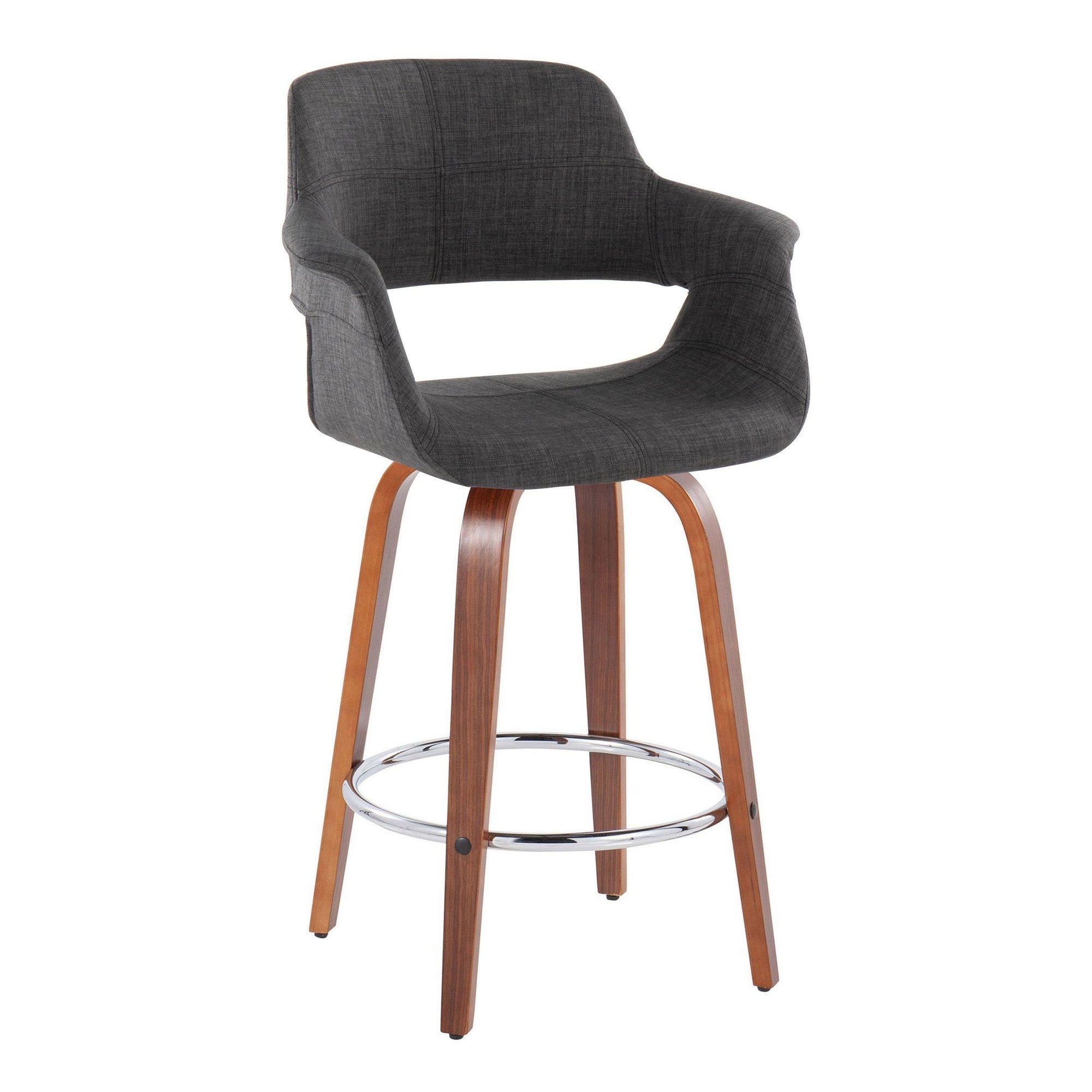 Vintage Flair 26" Fixed-Height Counter Stool - Set of 2 - Walnut Wood, Chrome Metal, Charcoal Fabric