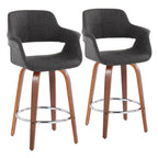 Vintage Flair 26" Fixed-Height Counter Stool - Set of 2 - Walnut Wood, Chrome Metal, Charcoal Fabric