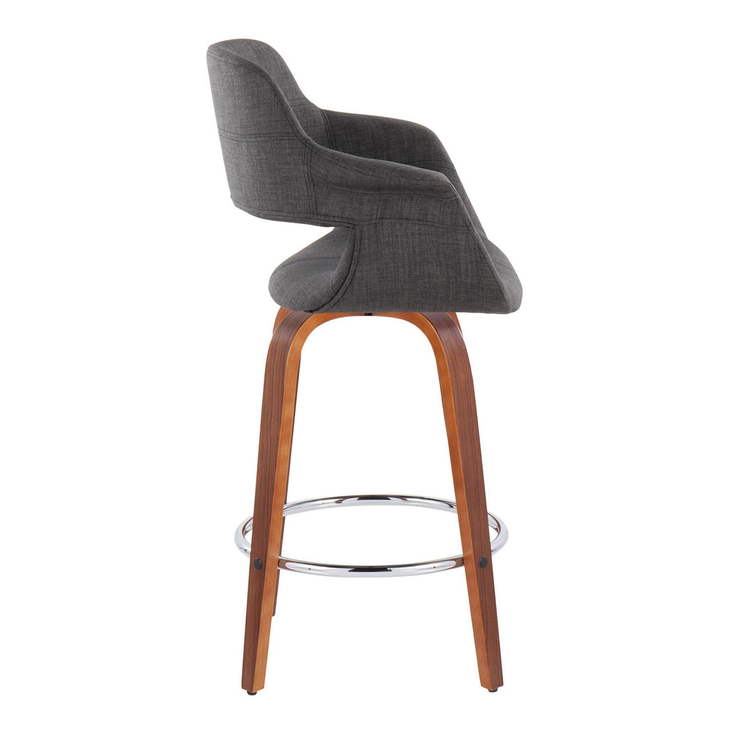 Vintage Flair 26" Fixed-Height Counter Stool - Set of 2 - Walnut Wood, Chrome Metal, Charcoal Fabric