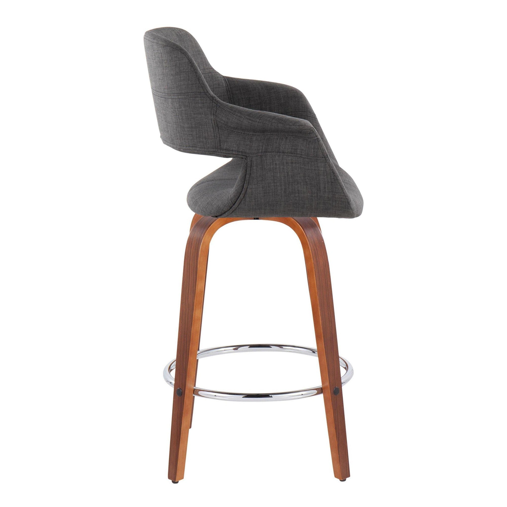 Vintage Flair 26" Fixed-Height Counter Stool - Set of 2 - Walnut Wood, Chrome Metal, Charcoal Fabric