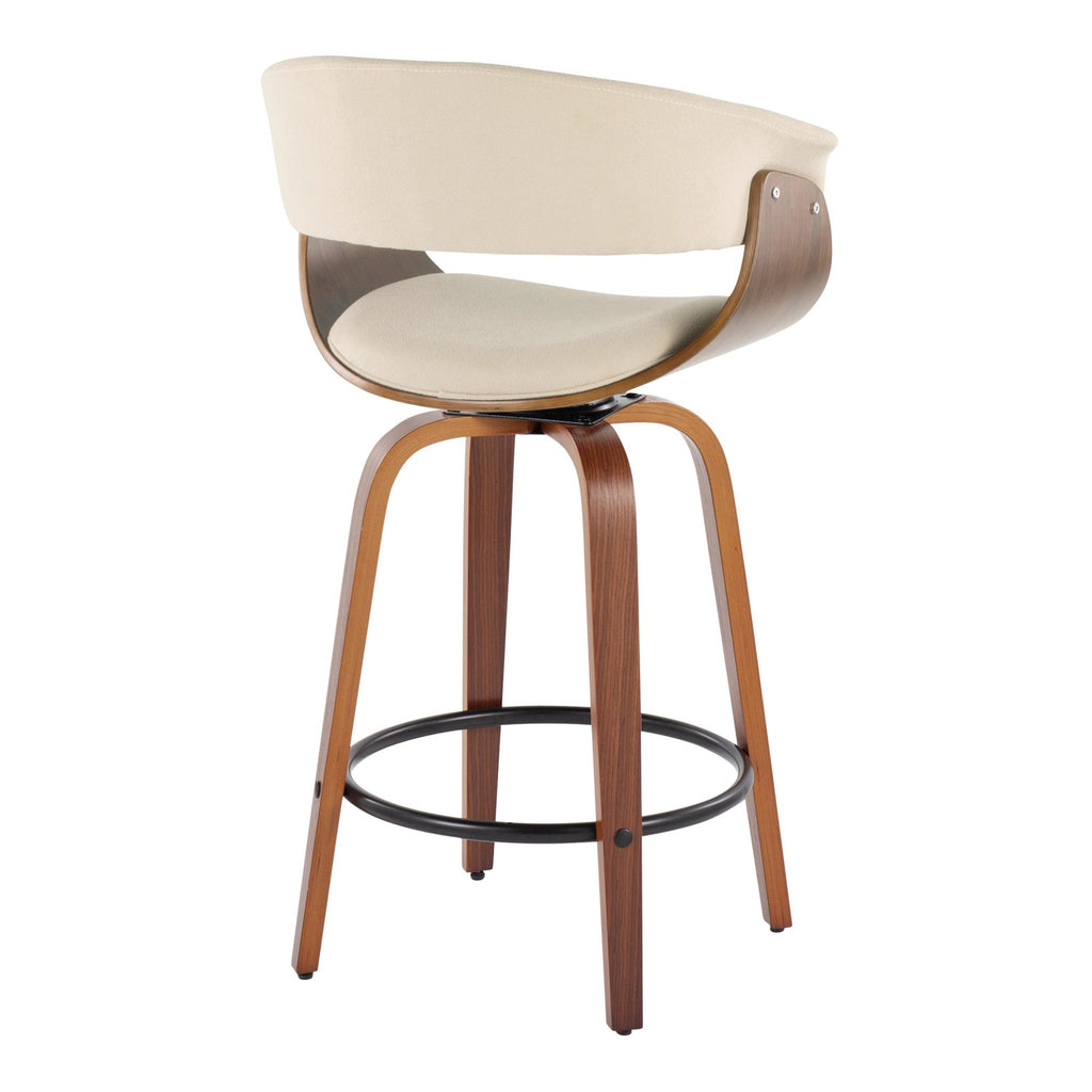 Vintage Mod 26" Fixed-Height Counter Stool - Set of 2 - Walnut Wood, Black Metal, Cream Fabric
