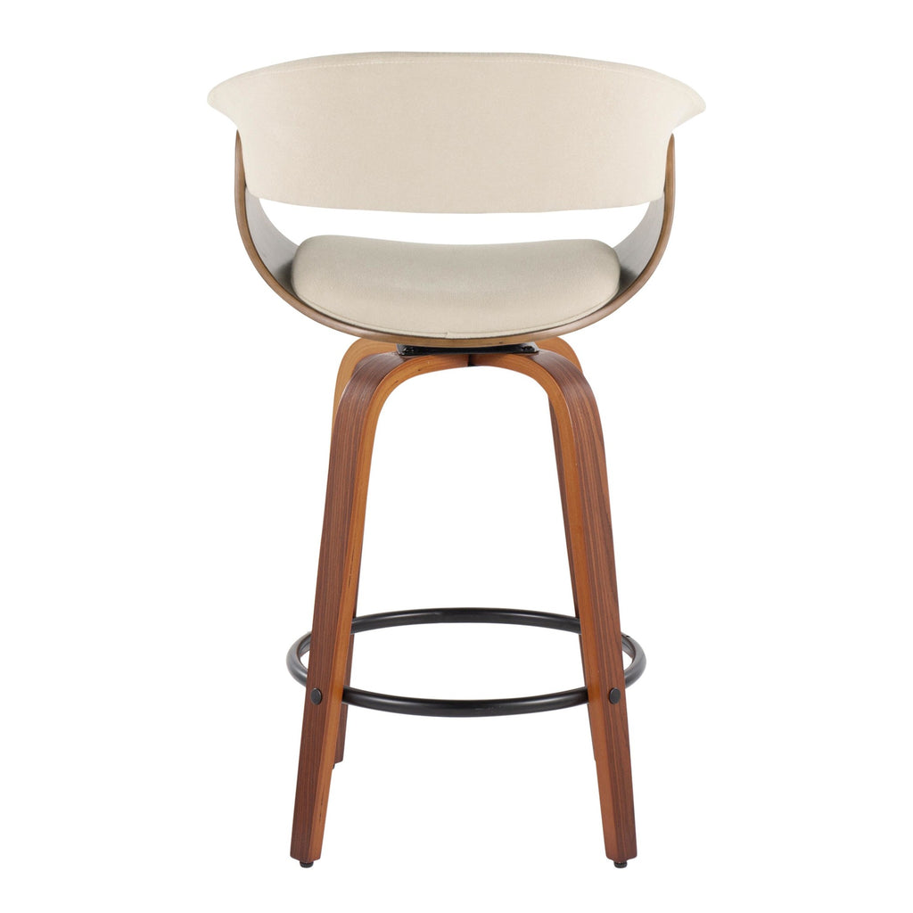 Vintage Mod 26" Fixed-Height Counter Stool - Set of 2 - Walnut Wood, Black Metal, Cream Fabric
