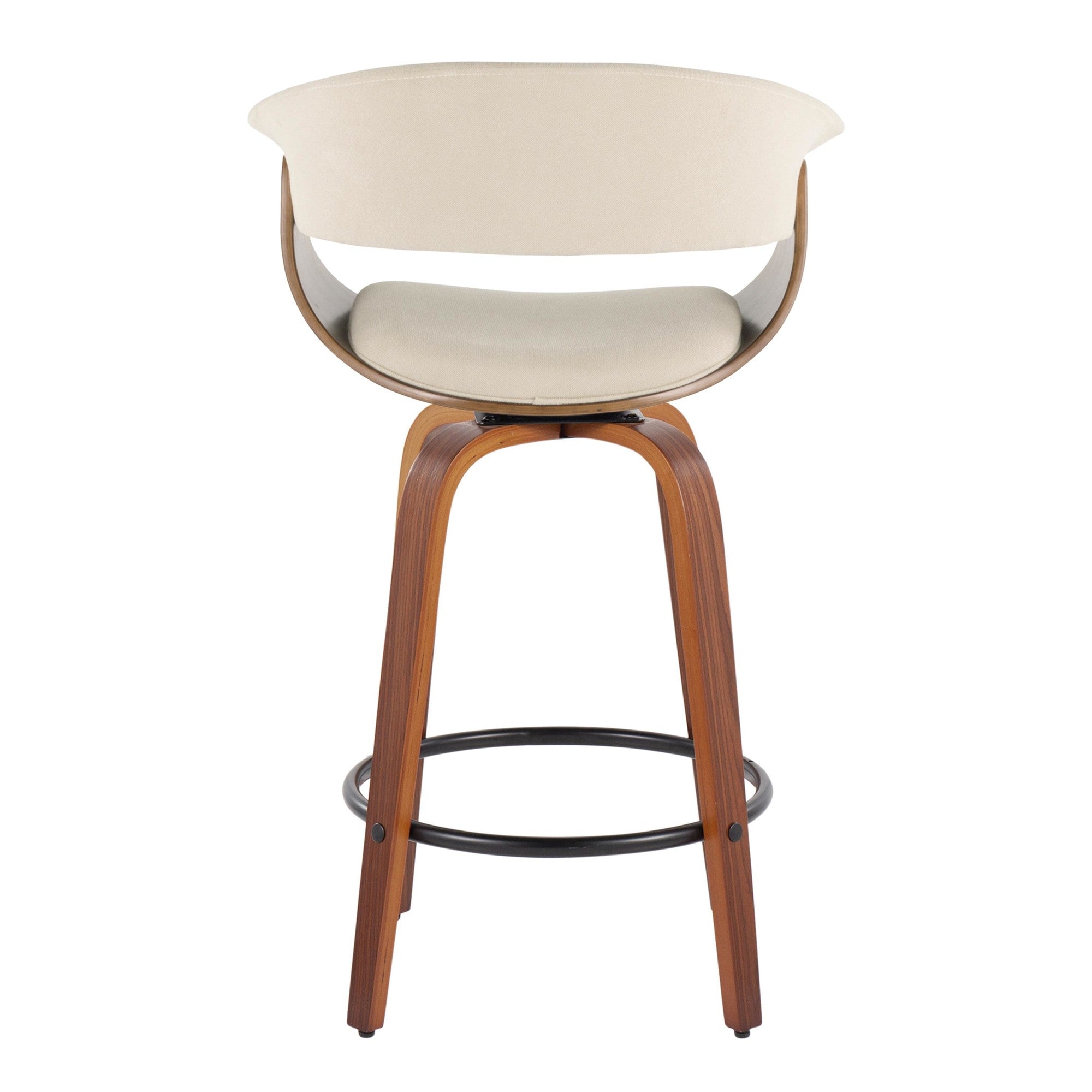 Vintage Mod 26" Fixed-Height Counter Stool - Set of 2 - Walnut Wood, Black Metal, Cream Fabric