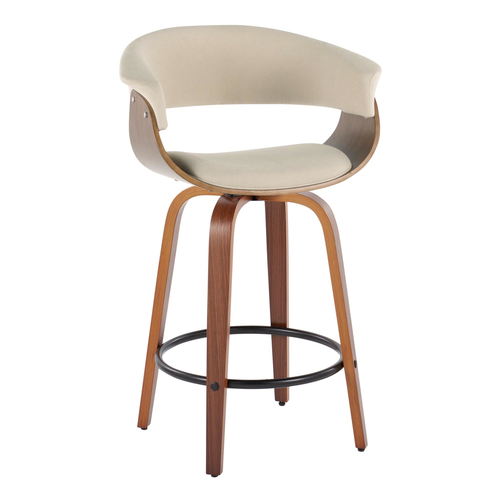 Vintage Mod 26" Fixed-Height Counter Stool - Set of 2 - Walnut Wood, Black Metal, Cream Fabric