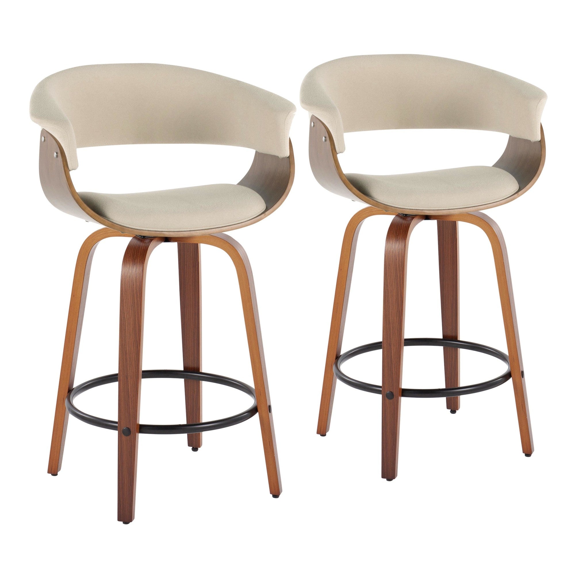 Vintage Mod 26" Fixed-Height Counter Stool - Set of 2 - Walnut Wood, Black Metal, Cream Fabric