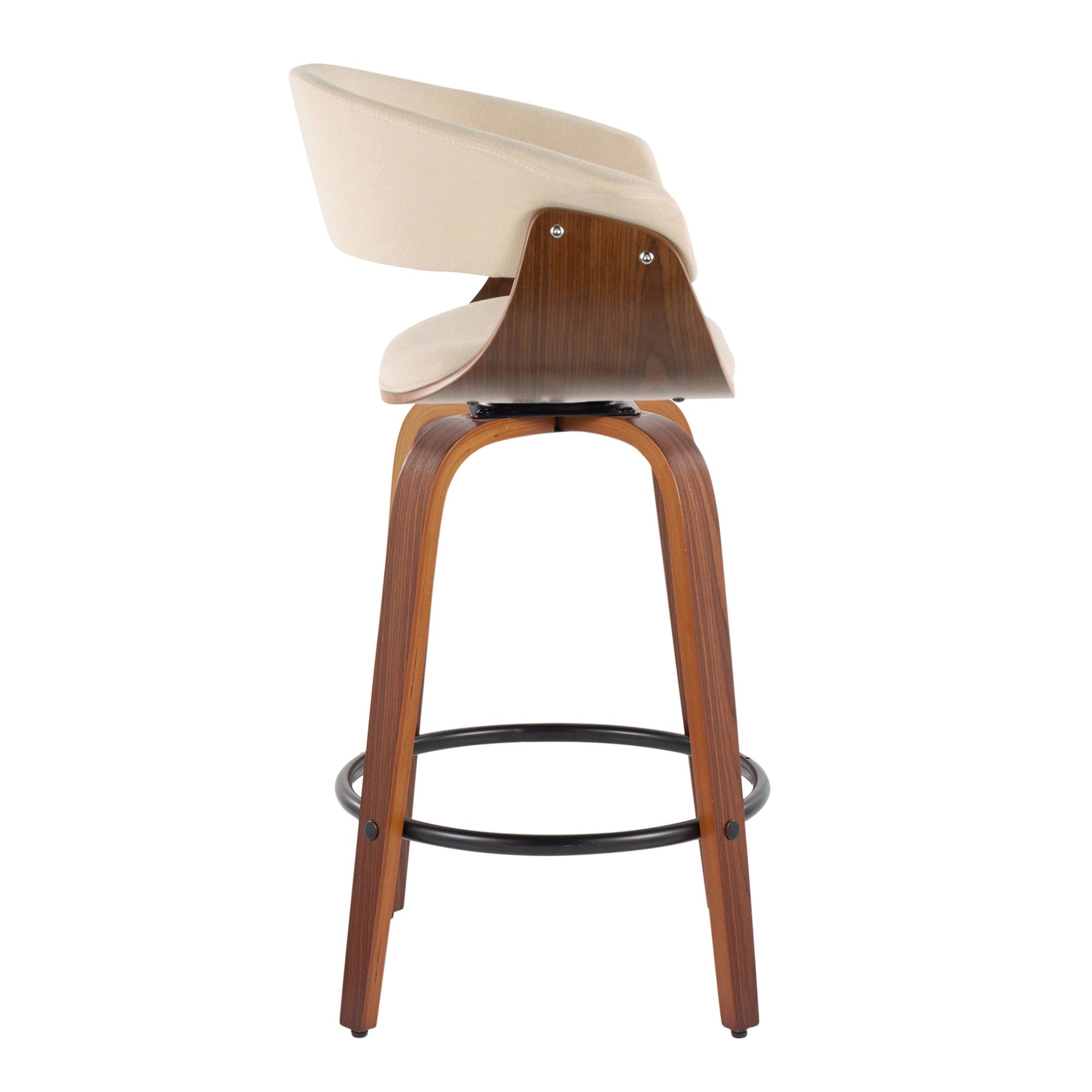Vintage Mod 26" Fixed-Height Counter Stool - Set of 2 - Walnut Wood, Black Metal, Cream Fabric