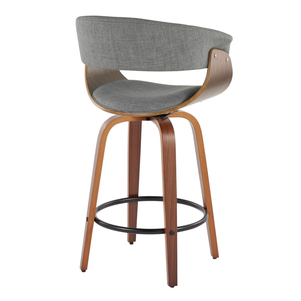 Vintage Mod 26" Fixed-Height Counter Stool - Set of 2 - Walnut Wood, Black Metal, Light Grey Fabric