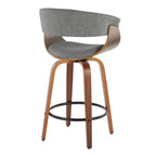 Vintage Mod 26" Fixed-Height Counter Stool - Set of 2 - Walnut Wood, Black Metal, Light Grey Fabric