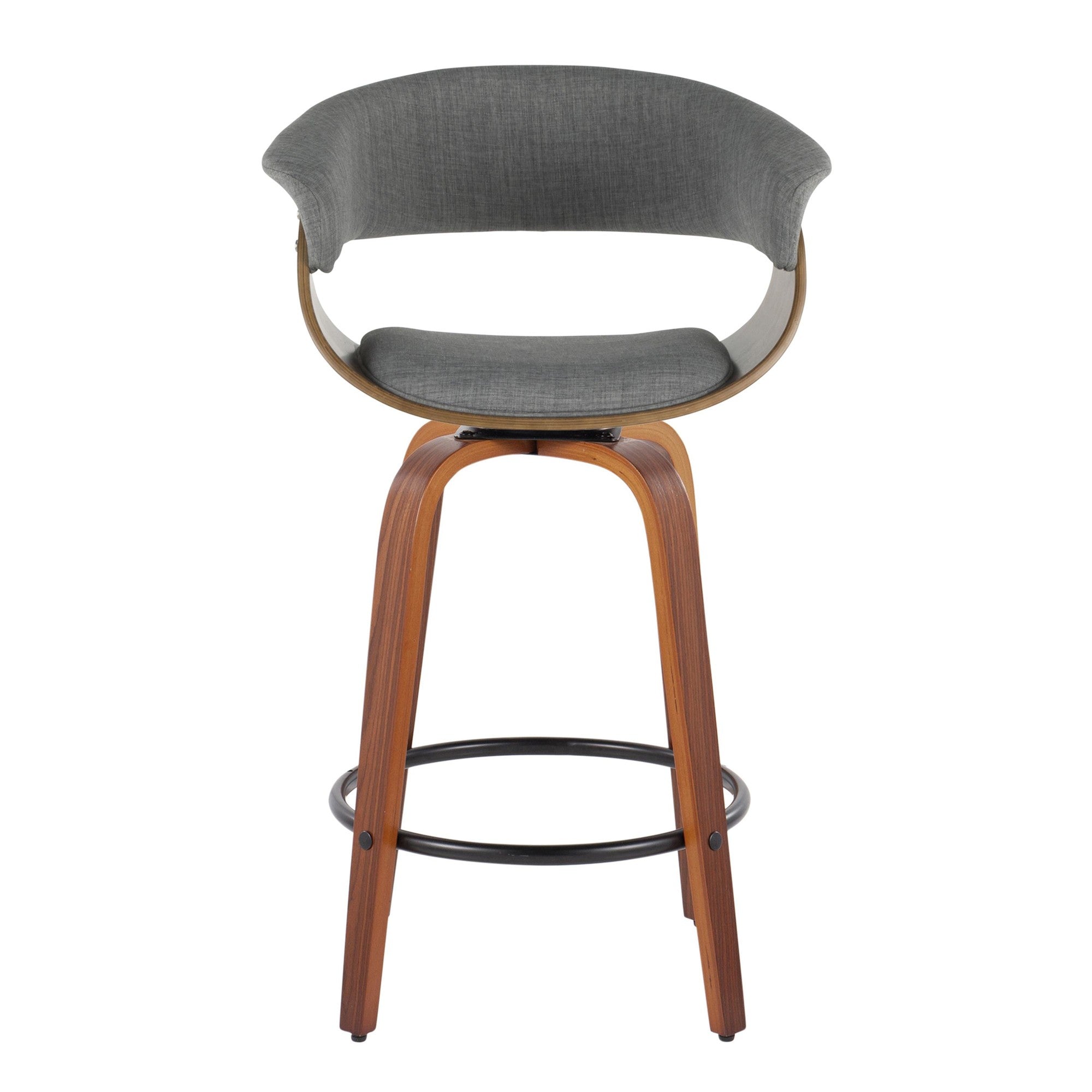 Vintage Mod 26" Fixed-Height Counter Stool - Set of 2 - Walnut Wood, Black Metal, Light Grey Fabric