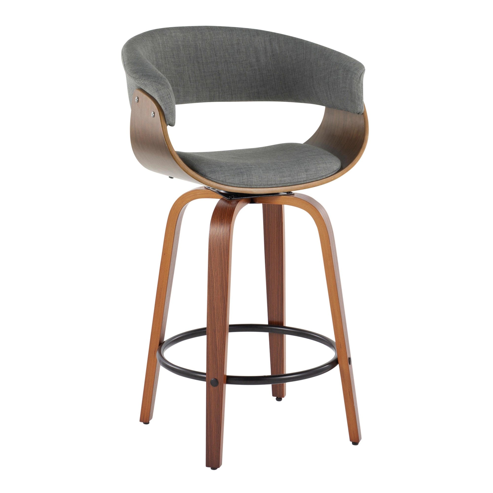 Vintage Mod 26" Fixed-Height Counter Stool - Set of 2 - Walnut Wood, Black Metal, Light Grey Fabric