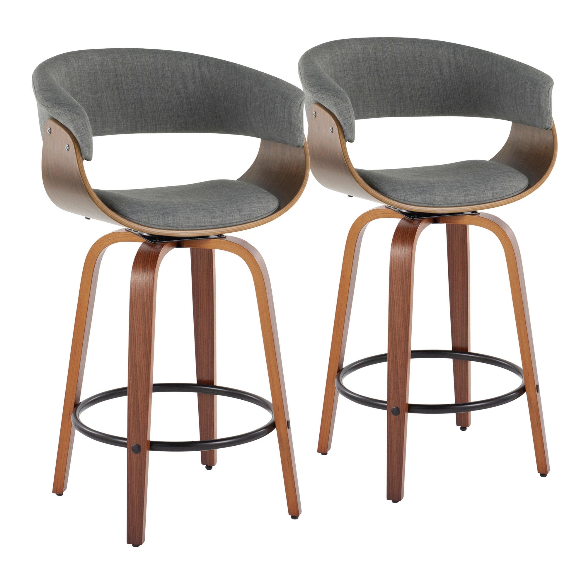 Vintage Mod 26" Fixed-Height Counter Stool - Set of 2 - Walnut Wood, Black Metal, Light Grey Fabric
