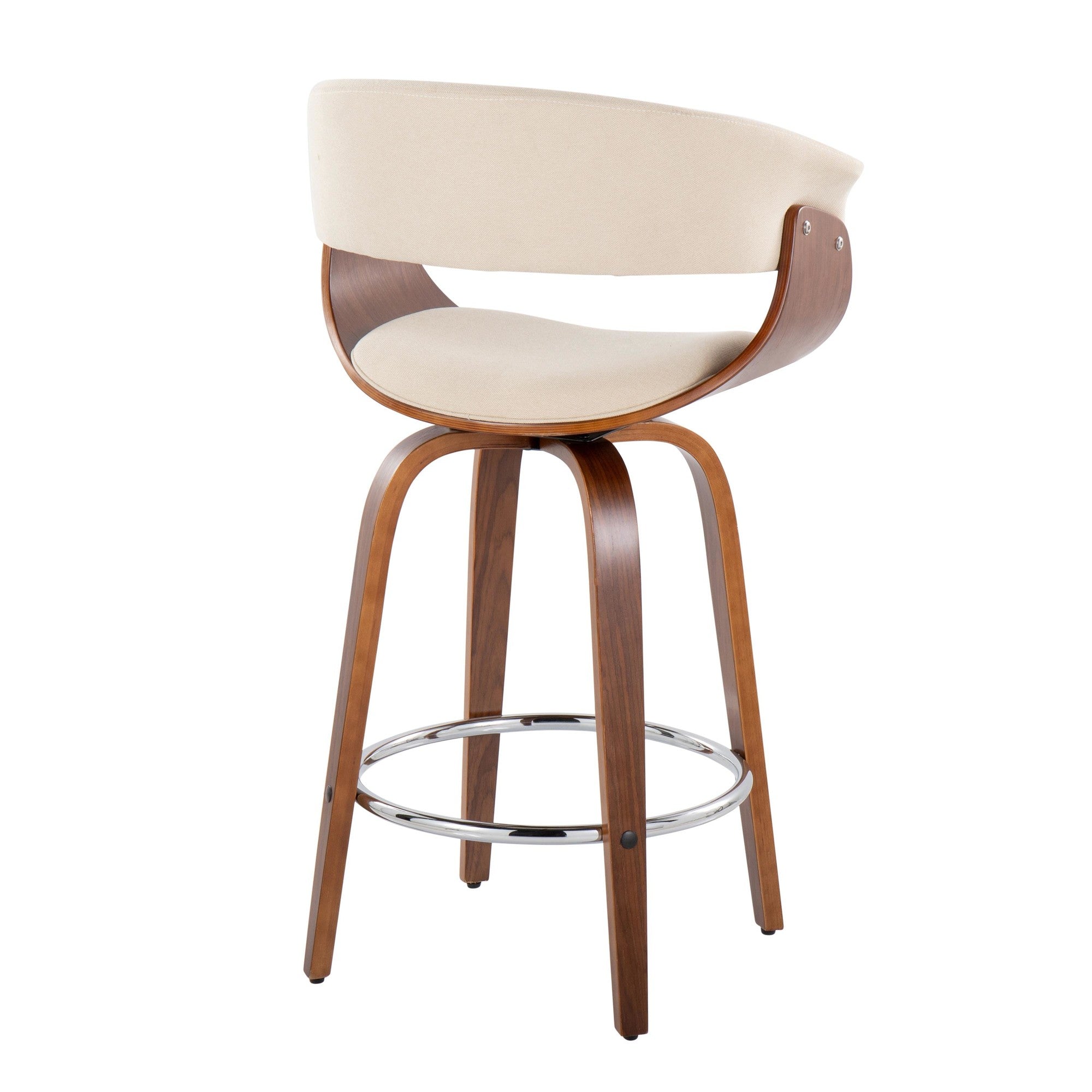 Vintage Mod 26" Fixed-Height Counter Stool - Set of 2 - Walnut Wood, Chrome Metal, Cream Fabric