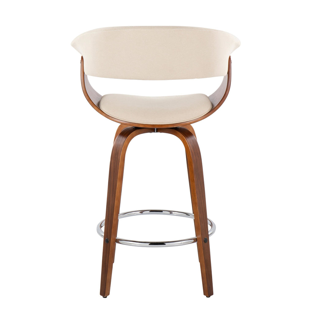 Vintage Mod 26" Fixed-Height Counter Stool - Set of 2 - Walnut Wood, Chrome Metal, Cream Fabric