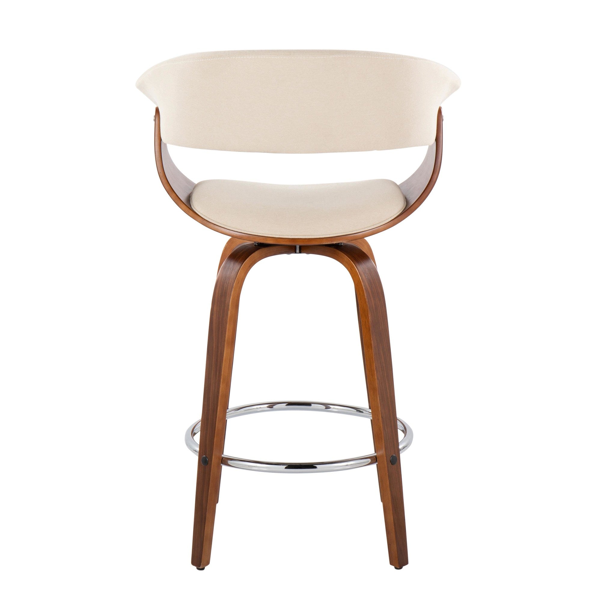 Vintage Mod 26" Fixed-Height Counter Stool - Set of 2 - Walnut Wood, Chrome Metal, Cream Fabric
