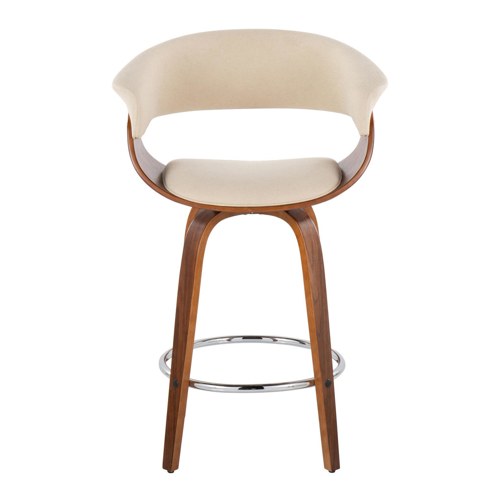 Vintage Mod 26" Fixed-Height Counter Stool - Set of 2 - Walnut Wood, Chrome Metal, Cream Fabric