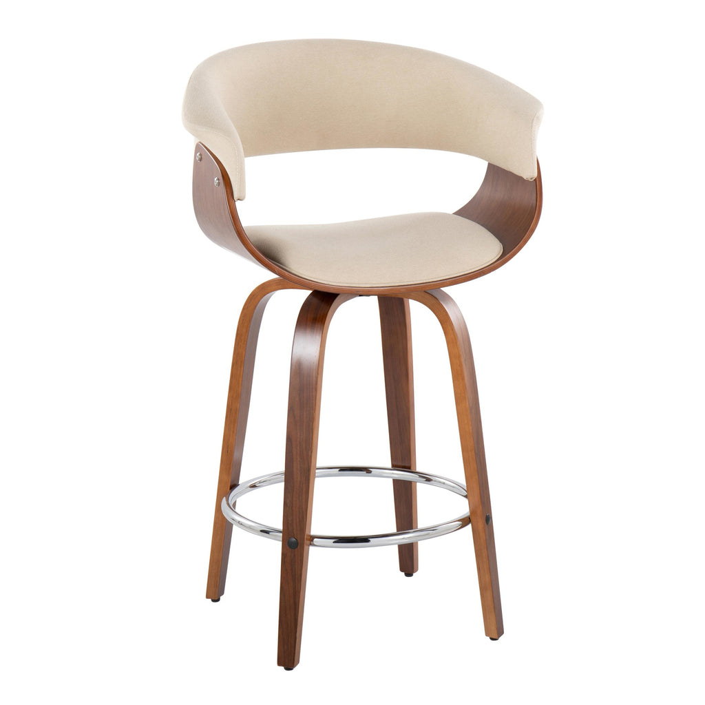 Vintage Mod 26" Fixed-Height Counter Stool - Set of 2 - Walnut Wood, Chrome Metal, Cream Fabric