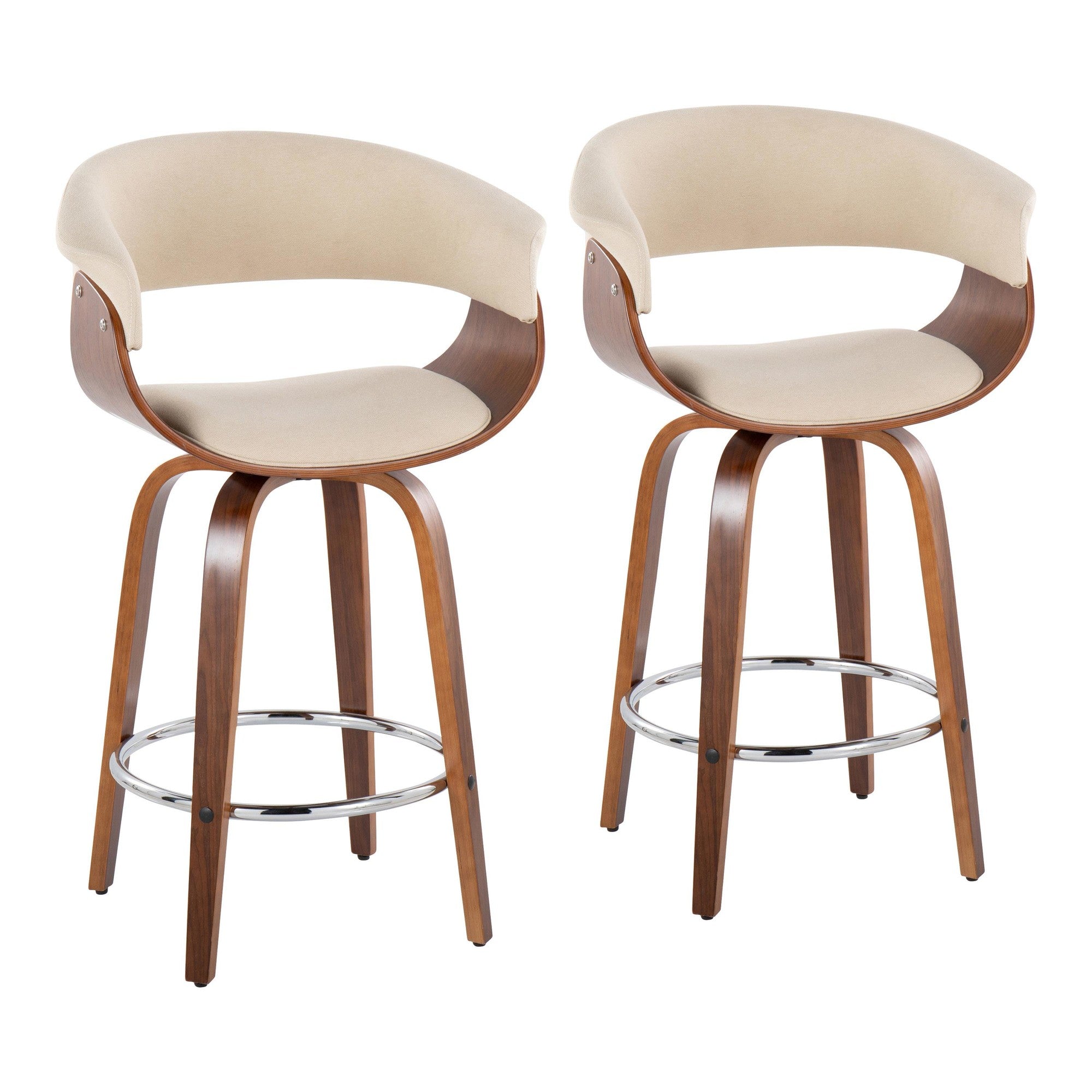 Vintage Mod 26" Fixed-Height Counter Stool - Set of 2 - Walnut Wood, Chrome Metal, Cream Fabric