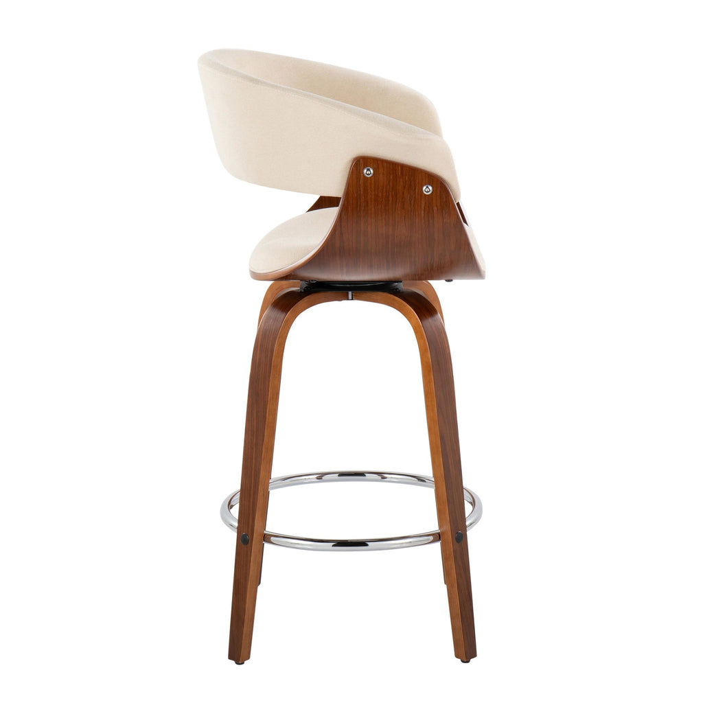 Vintage Mod 26" Fixed-Height Counter Stool - Set of 2 - Walnut Wood, Chrome Metal, Cream Fabric