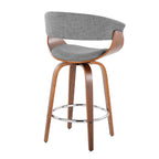 Vintage Mod 26" Fixed-Height Counter Stool - Set of 2 - Walnut Wood, Chrome Metal, Light Grey Fabric
