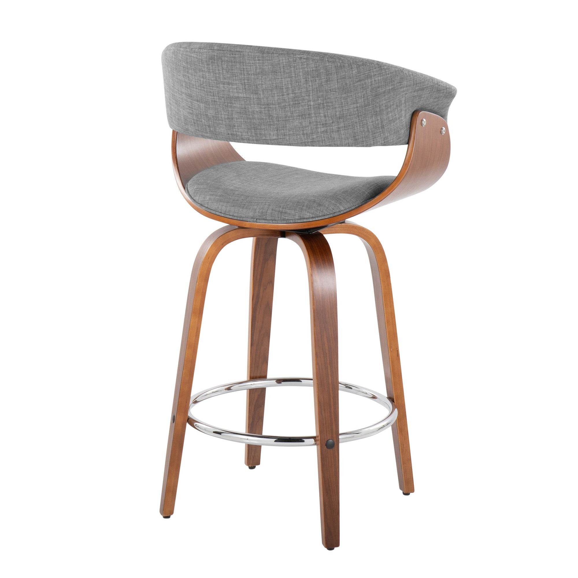 Vintage Mod 26" Fixed-Height Counter Stool - Set of 2 - Walnut Wood, Chrome Metal, Light Grey Fabric