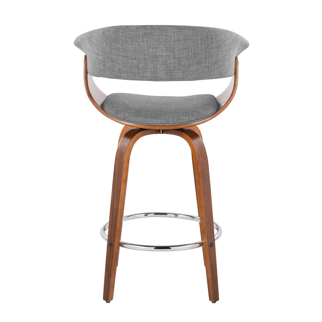 Vintage Mod 26" Fixed-Height Counter Stool - Set of 2 - Walnut Wood, Chrome Metal, Light Grey Fabric