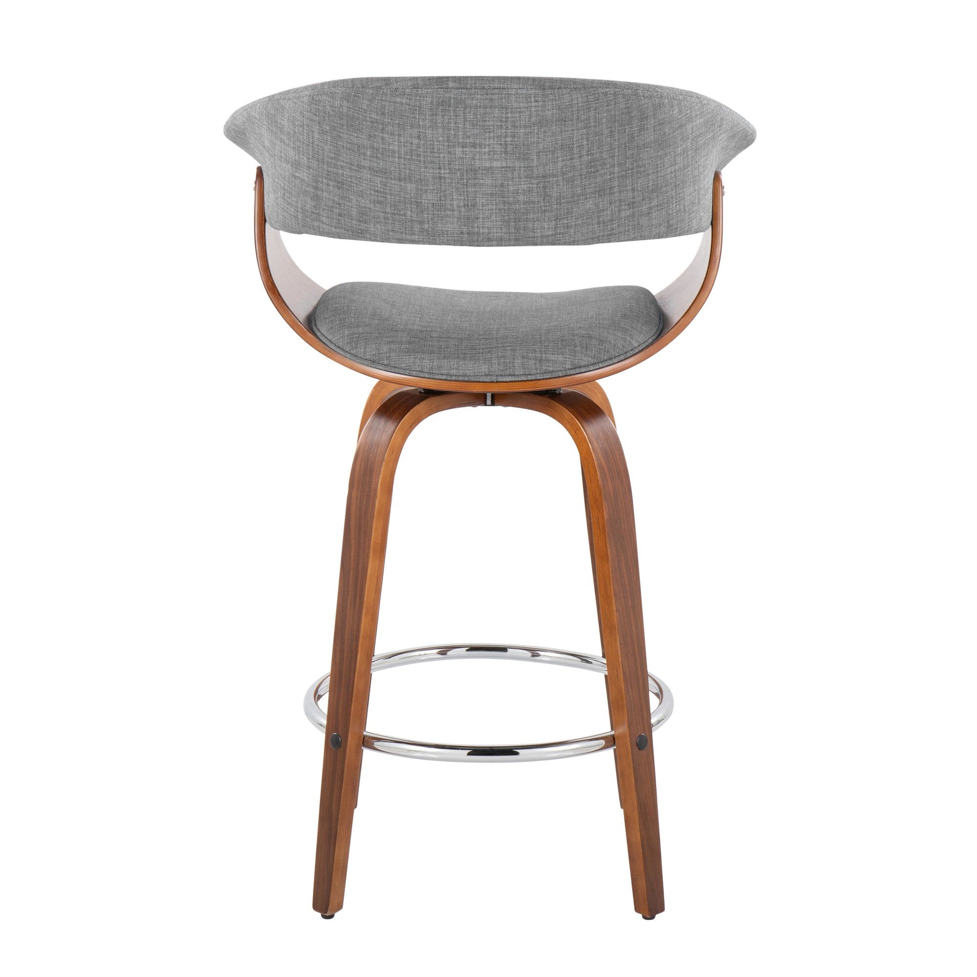 Vintage Mod 26" Fixed-Height Counter Stool - Set of 2 - Walnut Wood, Chrome Metal, Light Grey Fabric
