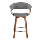 Vintage Mod 26" Fixed-Height Counter Stool - Set of 2 - Walnut Wood, Chrome Metal, Light Grey Fabric