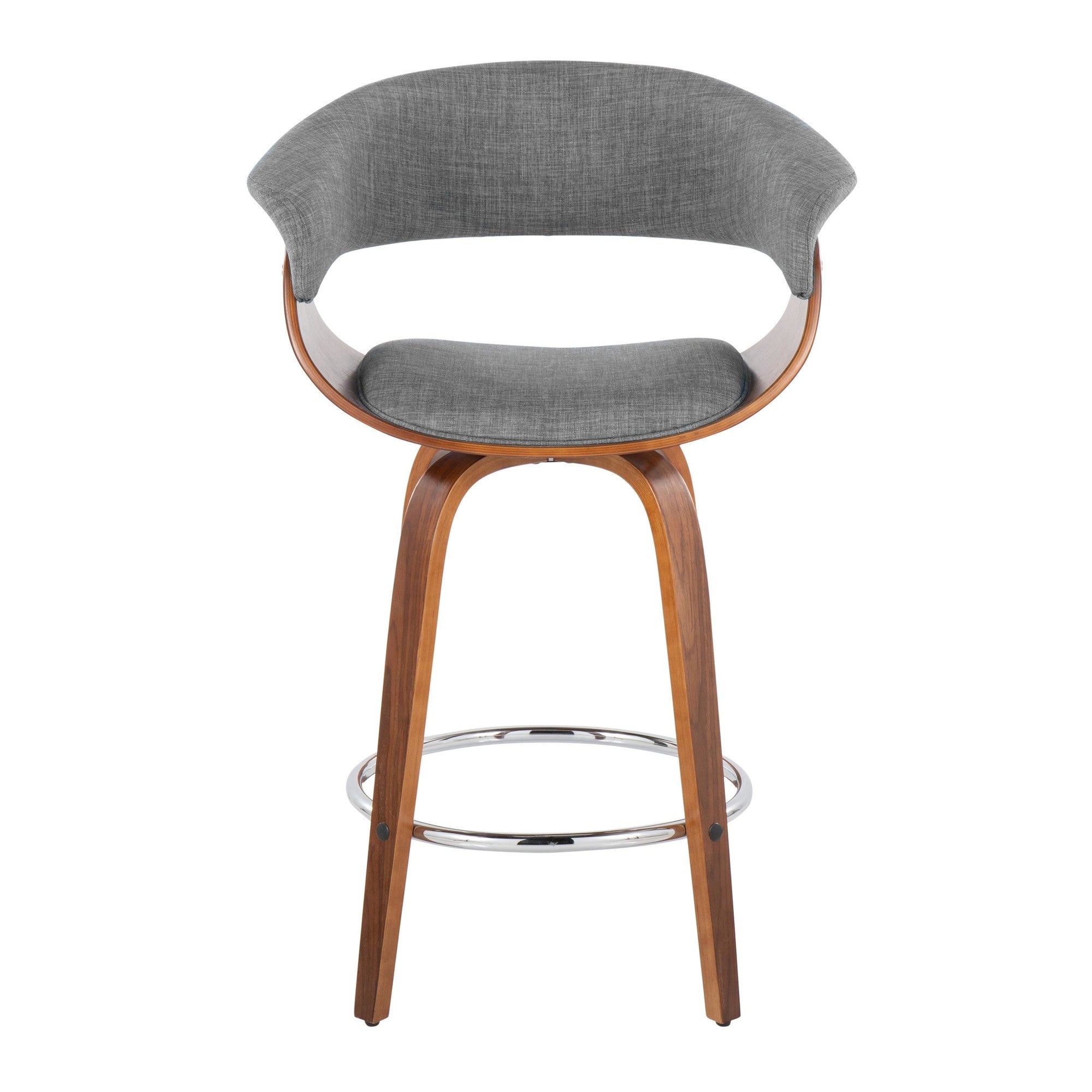 Vintage Mod 26" Fixed-Height Counter Stool - Set of 2 - Walnut Wood, Chrome Metal, Light Grey Fabric
