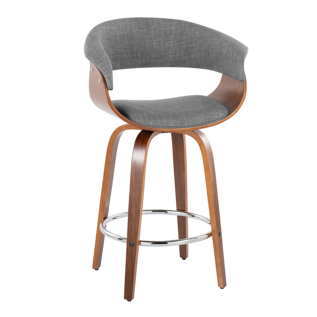 Vintage Mod 26" Fixed-Height Counter Stool - Set of 2 - Walnut Wood, Chrome Metal, Light Grey Fabric