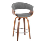 Vintage Mod 26" Fixed-Height Counter Stool - Set of 2 - Walnut Wood, Chrome Metal, Light Grey Fabric