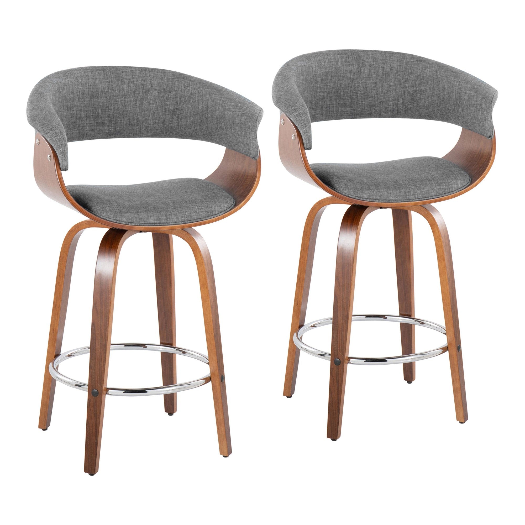 Vintage Mod 26" Fixed-Height Counter Stool - Set of 2 - Walnut Wood, Chrome Metal, Light Grey Fabric