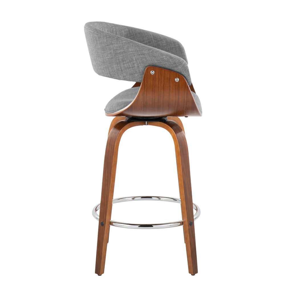 Vintage Mod 26" Fixed-Height Counter Stool - Set of 2 - Walnut Wood, Chrome Metal, Light Grey Fabric
